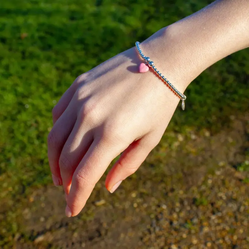 Pink Enamel Heart Charm Bracelet – Sterling Silver Beaded Style 1
