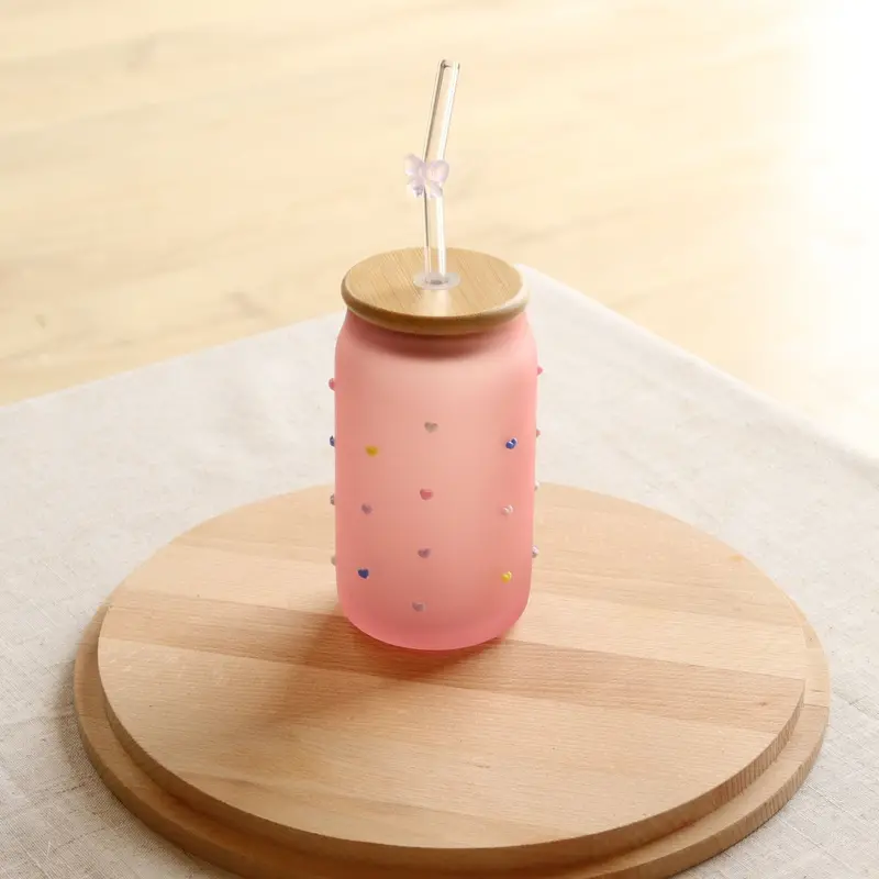 Pink Frosted Multicolour Heart Jar With Wooden Lid & Ribbon Straw 1
