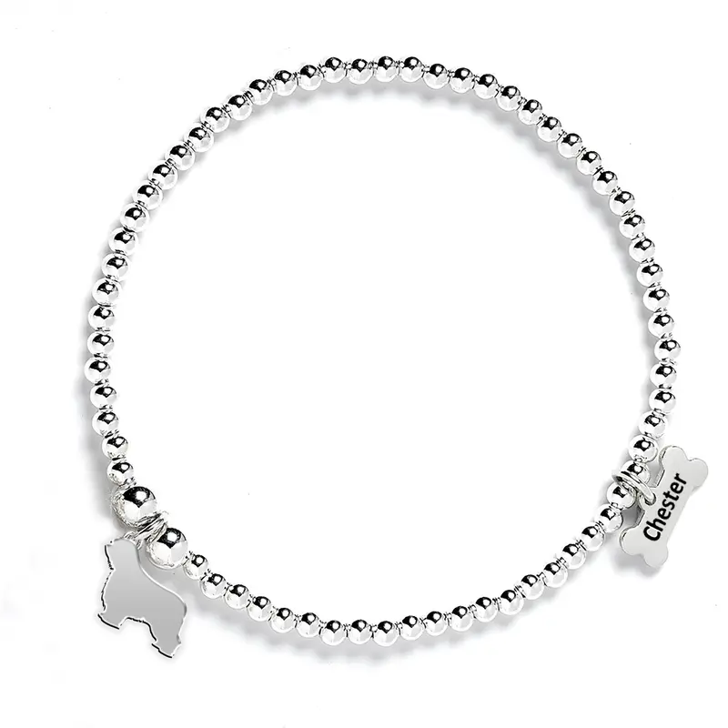 Polish Lowland Sheepdog Silver Beaded Bracelet – Personalised Silhouette 1