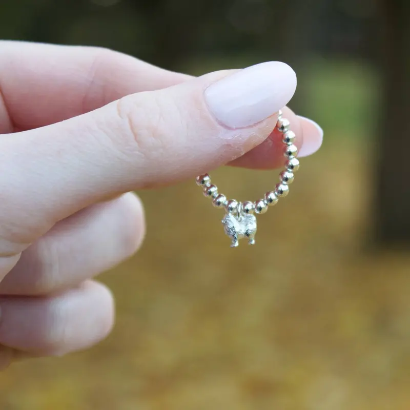 Pomeranian Charm Ring – Minimalist Sterling Silver Beaded Style 1