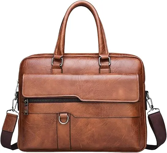 Premium Leather Laptop Briefcase For Men: 16" Waterproof Business Tote With Crossbody & Shoulder Options 1