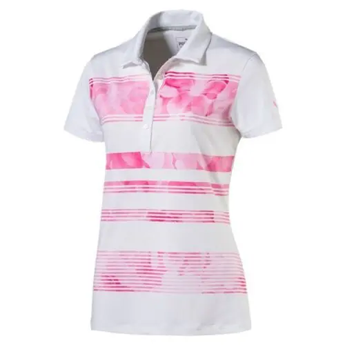 Puma Bloom Stripe Golf Polo For Women – Shocking Pink And White, Size Xl 1
