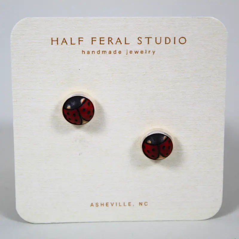 Red Ladybug-Shaped Stud Earrings – Enamel & Wood Detail 1