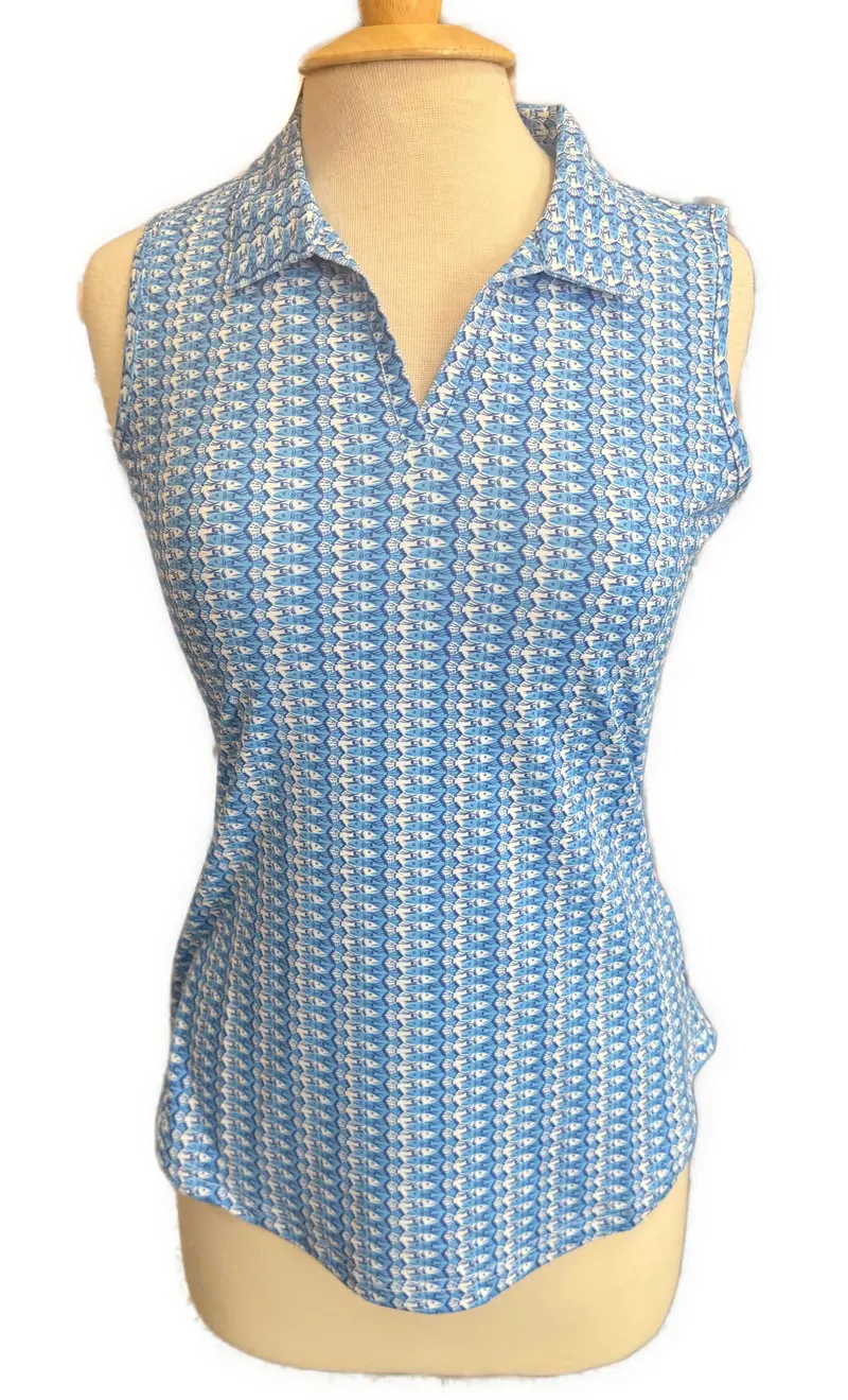 Scales Blue Fish Motif Sleeveless Golf Polo – Size S 1