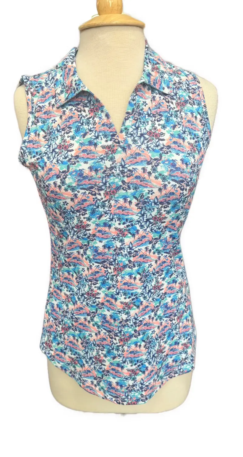 Scales Gear White Vibrant Travel-Themed Sleeveless Golf Polo – Size S 1