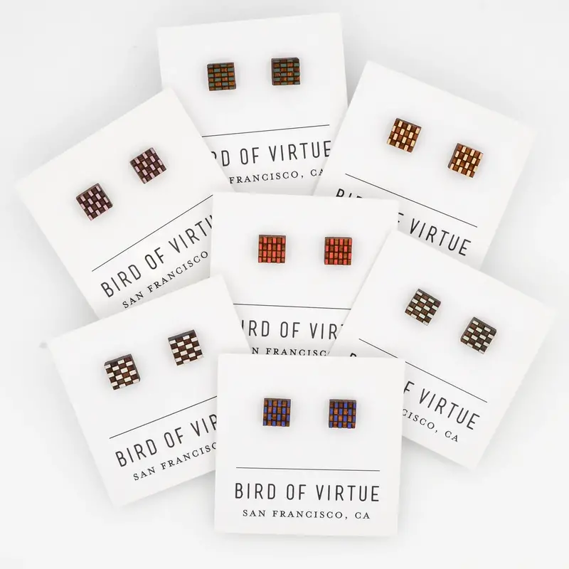 Square Checkerboard Pattern Stud Earrings – Geometric Wood Inlay 1