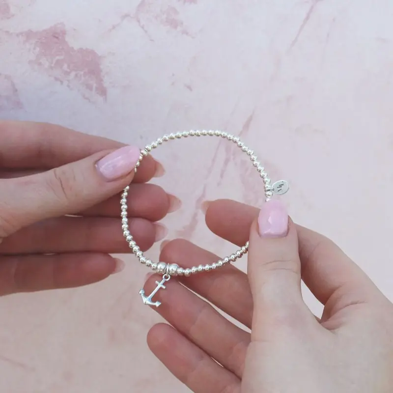 Sterling Silver Anchor Charm Bracelet With Ball Beads 1