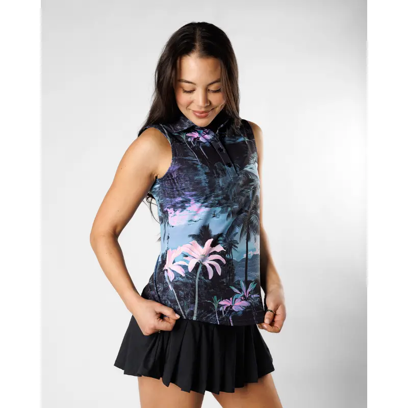 Sunday Swagger Women'S Tropical Thunder Sleeveless Golf Polo – Vibrant Pattern 1