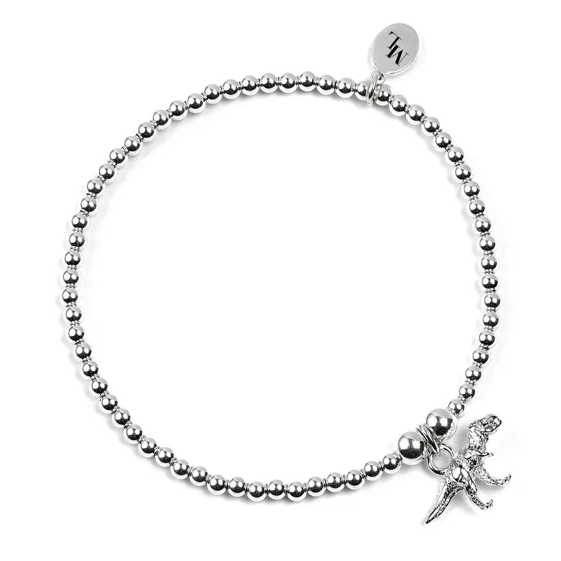 T-Rex Dinosaur Charm Bracelet – Sterling Silver Beaded Design 1