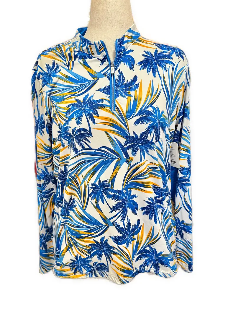 Tail Activewear Palm Print Golf Pullover In White, Blue & Orange – Size Xl 1