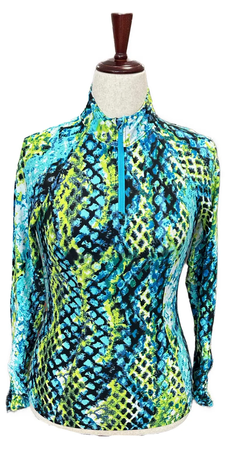 Tzu Tzu Blue & Yellow Snakeskin Print Pullover – Statement Golf Layer, Size S 1