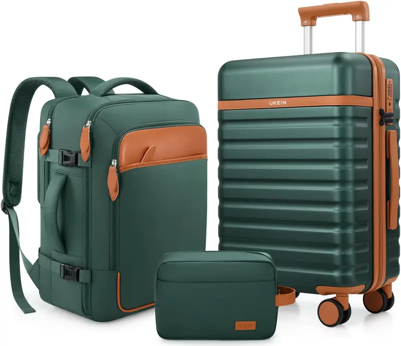 Ukein 3-Piece Hardside Luggage Set – 20-Inch Carry-On + Backpack, Tsa Lock & Spinner Wheels (Green) 1