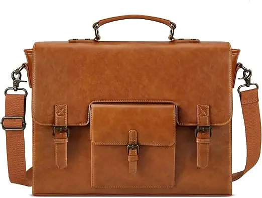 Vintage-Style Waterproof Leather Messenger Bag For Men – 15.6" Laptop Briefcase With Shoulder Strap (Brown) 1