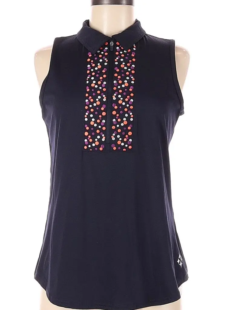 Women'S Navy Sleeveless Golf Polo With Confetti-Print Placket – Size M 1