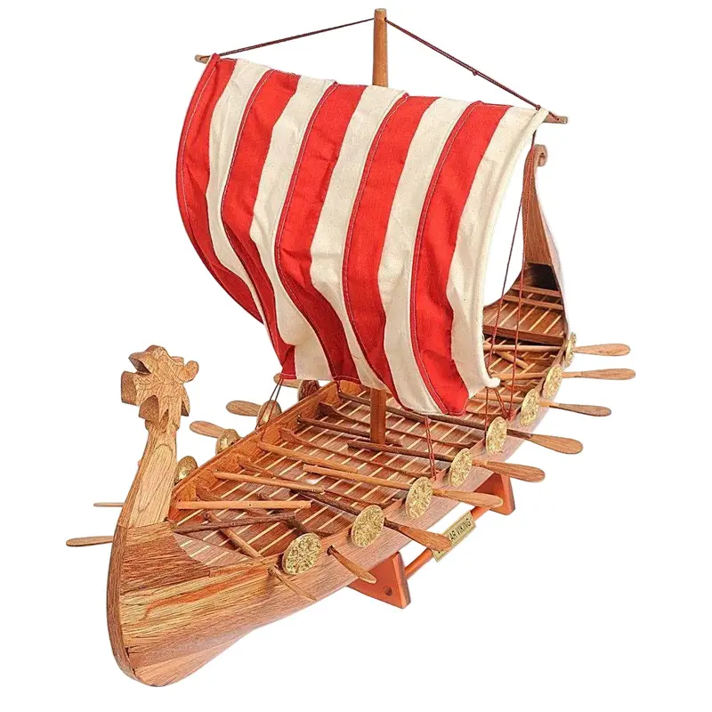 Wooden Viking Longship Replica – Red & White Sails, 20" H × 25" L 1